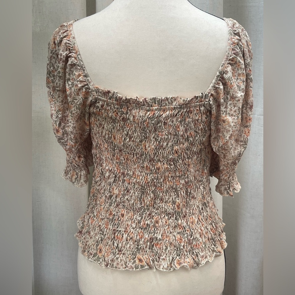 NEW & Other Stories Pink Tan Smocked Ruffled Blouse with 3/4 Sleeves - Picture 2 of 8